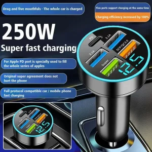 Chargeur de voiture PD 250W QC3.0, Charge rapide d’un à Six prises allume-cigare de voiture, 5 ports, Charge Flash avec affichage numérique Chargeur de voiture PD 250W QC3.0, Charge rapide d’un à Six prises allume-cigare de voiture, 5 ports, Charge Flash avec affichage numérique
