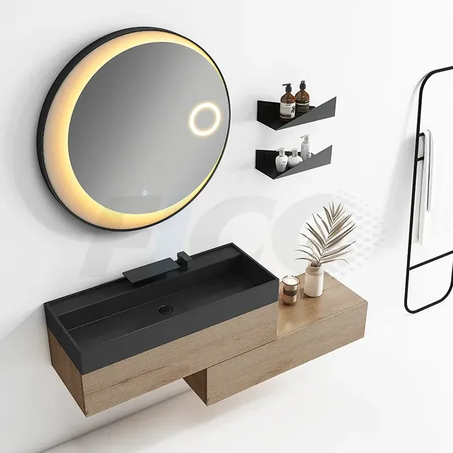 Miroir rond éclairé tactile étanche cadre noir mat halo… – vue 2