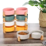 Filles en céramique pour animaux de compagnie avec support en bois, double bol pour chien, mangeoire à eau pour chats, petits chiens, plat pour animaux de compagnie, pas de déversement
