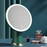 miroir cosmétique maquillage DEL trois couleurs tactile rechargeable socle rond anneau lumineux vert mat rose doré stable minimaliste