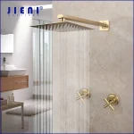 JIENI – ensemble de robinets de douche à effet de pluie en or brossé de 8 pouces, salle de bains murale, tête ronde et carrée, 2 poignées, mélangeur de commande, douche