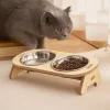 Bol Double pour chat tournant le chat et l&rsquo;enfant, bol Anti-renversement pour nourriture pour chat, bol en acier inoxydable pour animaux de compagnie, support en bois, petit et moyen