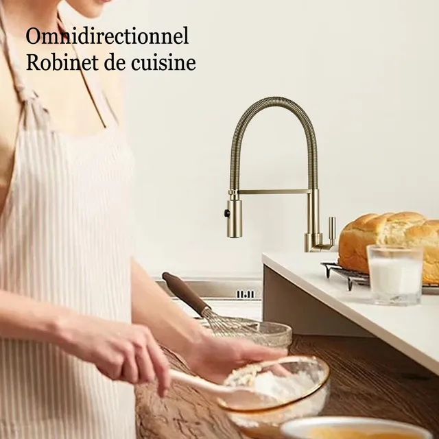 Robinet mitigeur cuisine laiton brossé doré bec haut… – vue 4