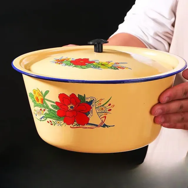 Bassin émaillé rétro crème jaune motif floral rouge vert… – vue 3