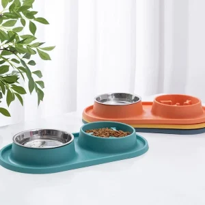 Gamelle double pour chien avec polymères en silicone, mangeoire à eau pour animaux de compagnie, bol à boire pour chat, acier inoxydable, anti-étouffement, bassin antidérapant