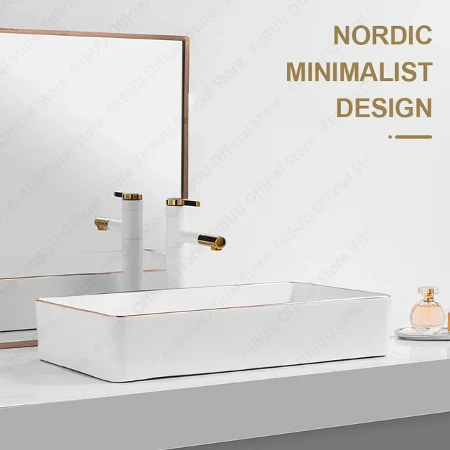 Évier de table en céramique blanche avec bord doré – vue 6