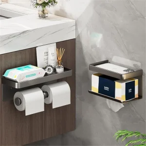 porte rouleau papier toilette mural rangement étagère smartphone double rouleau métal anthracite mat rectangulaire bords arrondis fixation invisible
