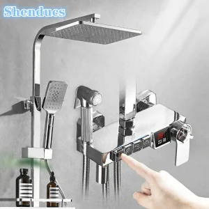 Ensemble de douche thermostatique chromé, pommeau de douche à effet pluie, système de bain numérique, laiton de qualité