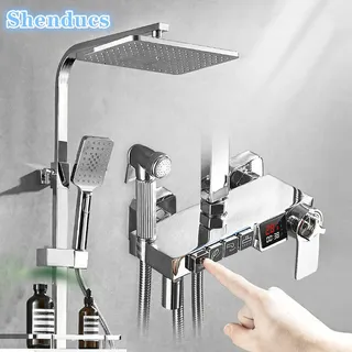 Colonne douche thermostatique chromée carrée grand pommeau pluie…