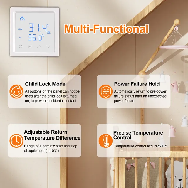 Thermostat mural tactile intelligent numérique écran LED… – vue 3