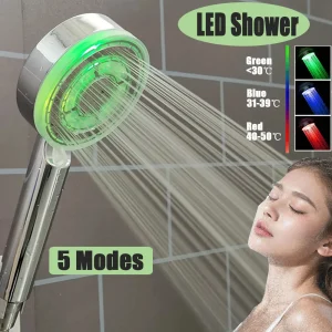Pommeau de douche coloré, contrôle de la température, 5 Modes, buse de pulvérisation LED réglable, changement de couleur 3/7, douche haute pression à grand débit Pommeau de douche coloré, contrôle de la température, 5 Modes, buse de pulvérisation LED réglable, changement de couleur 3/7, douche haute pression à grand débit