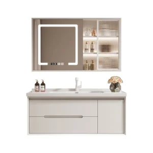 Lavabo moderne en céramique de chêne, meuble de salle de bains en bois massif, lavabo intégré, finition laque, porte pour Hall, salle de bains intelligente crème