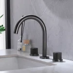 Bassin de Lavabo en Laiton de Luxe, Gris Pistolet, Plan 3 Trous 2 Foy, Eau Chaude et Froide, Haute Qualité