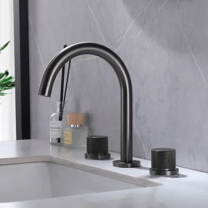 Bassin de Lavabo en Laiton de Luxe, Gris Pistolet, Plan 3 Trous 2 Foy, Eau Chaude et Froide, Haute Qualité