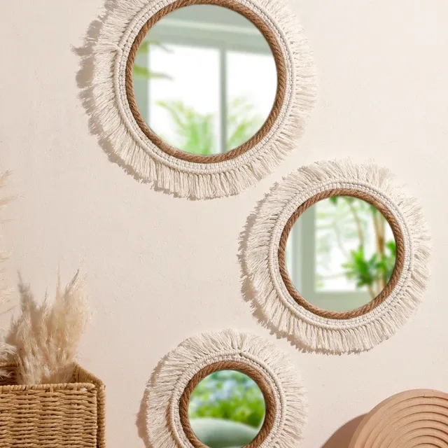 Miroir mural rond macramé bohème tressé corde jute coton… – vue 2