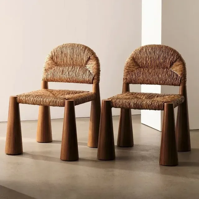 Wabi-Sabi Chaise de salle à manger en rotin et bois massif