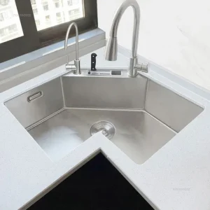 Éviers de cuisine d&rsquo;angle en acier inoxydable en forme de L, accessoires de cuisine, grand évier simple, petit appartement moderne, évier de lavage spécial