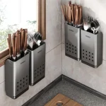 organisateur couverts mural multifonctionnel inoxydable brossé compact minimaliste vertical perforé bac amovible portebaguettes porteustensiles fixation invisible gainplace antirouille nettoyage