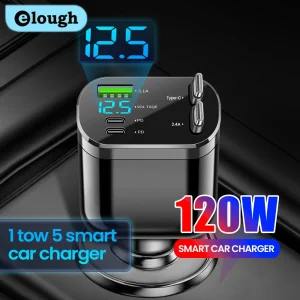 Elough chargeur de voiture rétractable 5 en 1 chargeur de voiture de charge rapide câble rétractable 2 Ports type c adaptateur de chargeur de voiture Compatible