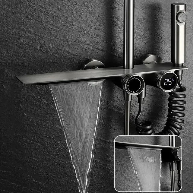Ensemble douche cascade gris peint mitigeur mural cuivre… – vue 3