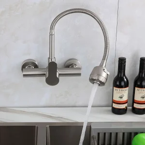 Robinet de cuisine mural, poignée unique, robinet d’évier commercial, construction en acier inoxydable, finition nickel brossé Robinet de cuisine mural, poignée unique, robinet d’évier commercial, construction en acier inoxydable, finition nickel brossé