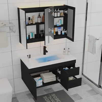 Meuble vasque suspendu noir finition bois texturé lavabo… – vue 2
