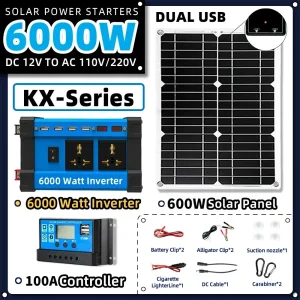 Kit de système solaire combiné 6000W, onduleur 30A, contrôleur 300W, panneau solaire 12V à 220V/110V, Charge et décharge intelligentes pour Camping