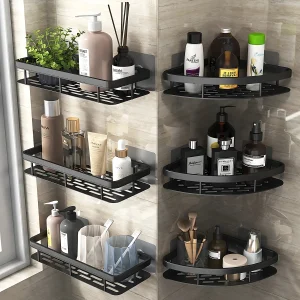 étagère murale coin douche rangement aluminium noir mat anticorrosion sans perçage fixation adhésive fond ajouré drainage bords surélevés