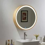 Miroirs intelligents ronds à cadre, miroir de maquillage de salle de bains avec lumière murale, vanité éclairée, interrupteur tactile à intensité variable, miroir de Dressing en bois