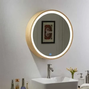 Miroirs intelligents ronds à cadre, miroir de maquillage de salle de bains avec lumière murale, vanité éclairée, interrupteur tactile à intensité variable, miroir de Dressing en bois