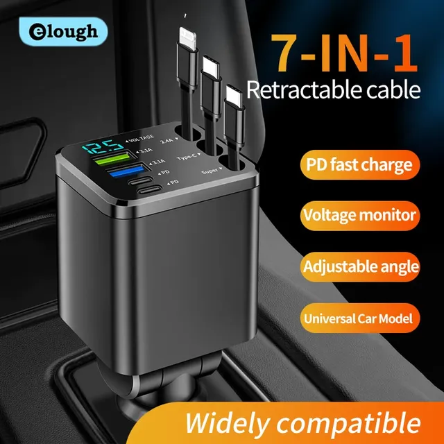 Elough 7 en 1 chargeur de voiture rétractable USB C vers…