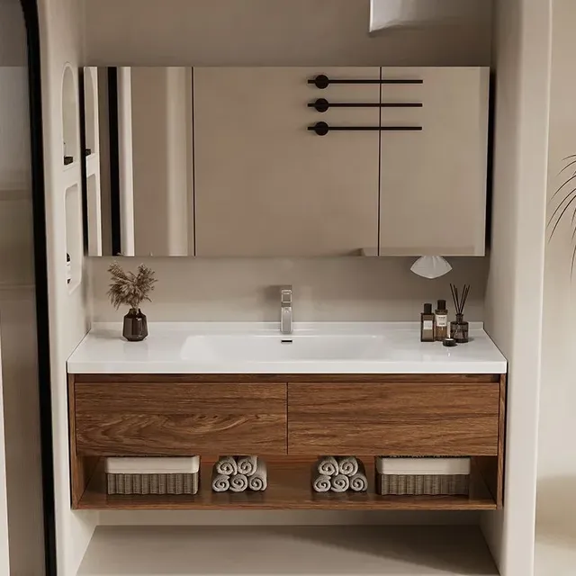 Meuble vasque mural suspendu bois noyer marron tiroir… – vue 4