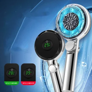 pommeau douche pressurisé affichage numérique LED température instantanée économie eau filtration cartouche chromé ergonomique poignée bouton arrêt molette cristallin bleu