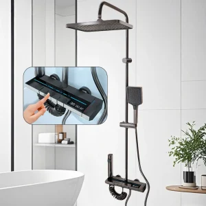 Système de douche de salle de bains à affichage numérique Intelligent, ensembles de touches de Piano, pistolet à lumière ambiante domestique, ensemble de douche à pression grise