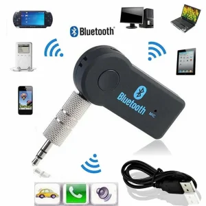 Adaptateur Bluetooth récepteur émetteur audio sansfil compact pivotant jack35mm boutonmultifonction microintégré batterie50mAh rechargeUSB appelsmainslibres compatible smartphone tablette autoradio enceintes