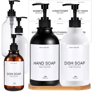 Bouteille distributrice de savon pour évier de cuisine, rechargeable, pour comptoir, décoration de ferme, bouteille de savon avec étiquettes étanches, accessoires de cuisine Bouteille distributrice de savon pour évier de cuisine, rechargeable, pour comptoir, décoration de ferme, bouteille de savon avec étiquettes étanches, accessoires de cuisine