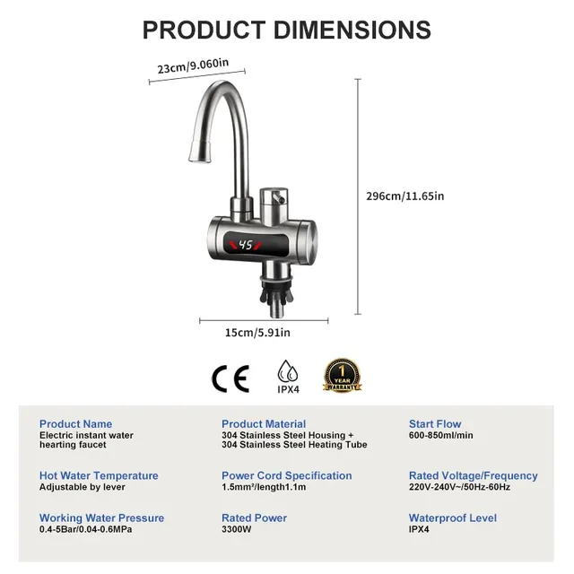 Chauffe-eau électrique instantané 3300W prise ue sous… – vue 5