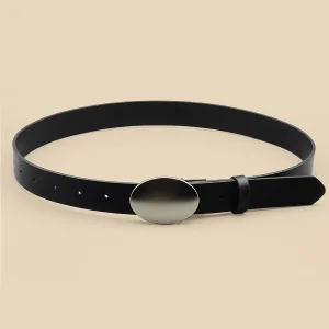 Ceinture femme fine noire similicuir lisse boucle ovale métallisée brossée argentée réglable perforée minimaliste épurée habillée décontractée confortable légère