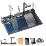 Évier de cuisine cascade en acier inoxydable 304, grand fente unique, lavabo en relief à affichage numérique, évier de vaisselle domestique