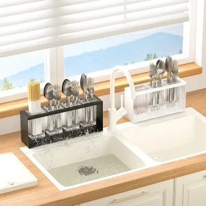 Évier de cuisine, baguettes, cuillères, couteaux, fourchettes, récipient de rangement pour couverts avec drainage, grande capacité Évier de cuisine, baguettes, cuillères, couteaux, fourchettes, récipient de rangement pour couverts avec drainage, grande capacité