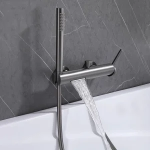 Ensemble de robinets de douche de salle de bains, Style cascade mural, ensemble de robinets de baignoire en laiton, brosse, finition or/Chrome, style moderne, nouveau Ensemble de robinets de douche de salle de bains, Style cascade mural, ensemble de robinets de baignoire en laiton, brosse, finition or/Chrome, style moderne, nouveau