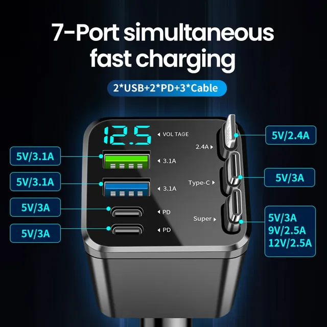Elough 7 en 1 chargeur de voiture rétractable USB C vers… – vue 3