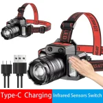 Induction intelligente lumière blanche phare LED Zoom USB capteur de charge LED lampe frontale extérieure multi-fonction tête torche lanterne lampes
