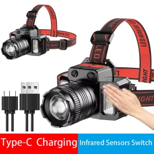 Induction intelligente lumière blanche phare LED Zoom USB capteur de charge LED lampe frontale extérieure multi-fonction tête torche lanterne lampes