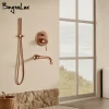 robinetterie murale mitigeur monocommande cuivré rose brossé laiton céramique cartouche douchette flexible métal bec col cygne contemporain minimaliste baignoire élégant