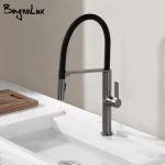 Robinet de cuisine noir avec pulvérisateur rétractable et mélangeur en caoutchouc monté sur le pont, tête de pulvérisation à 2 voies, robinet d&rsquo;eau chaude et froide