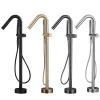 Mitigeur baignoire autoportant colonne monocommande douchette manuelle flexible bec col cygne incliné poignée ronde socle métal or brossé bronze antique