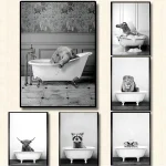 Affiche d&rsquo;Animaux Noir et Blanc dans la Baignoire, Personnalité Amusante, Chambre Excentrique, Décoration Imprimée Moderne, Cadeau, Peinture Photo