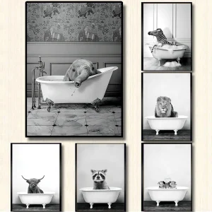 Affiche d&rsquo;Animaux Noir et Blanc dans la Baignoire, Personnalité Amusante, Chambre Excentrique, Décoration Imprimée Moderne, Cadeau, Peinture Photo