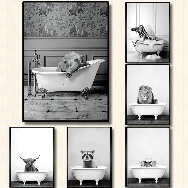 Affiche d'Animaux Noir et Blanc dans la Baignoire